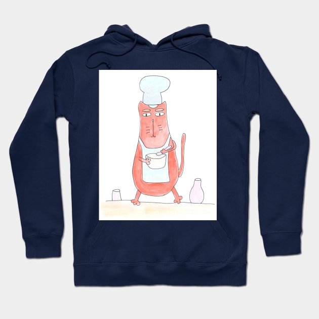 Cat prepares food. Cooking, cook. Food ordering. Food delivery. Watercolor illustration humorous. Humor, fun design modern Hoodie by grafinya